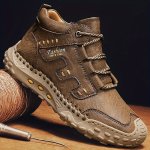 Solid Trendy Middle Top Casual Shoes Men's Lace Up Non Slip Outdoor Walking Hiking Climbing Sneakers All Seasons