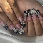 24PCS Black French Tip Press On Nails Long Coffin Fake Nails With 3D Butterfly Planet Rhinestone Design Glossy Full Cover Baller