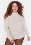 Plus Shoulder Cut Out Crew Neck Knit Sweater - Beige