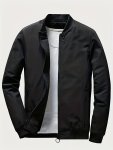 Classic Design Men's Solid Stand Collar Long Sleeve Zip Up Windbreaker Jacket With Zippered Pockets Casual And Chic Jacket For D