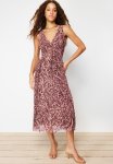 Floral Leopard Printed V-neck Tulle Knitted Dress - Brown