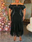 Plus Size Solid Color Sequined Dress Elegant Bodycon Off Shoulder Notched Neck Mesh Hem Tiered Dress For Spring & Summer Women's