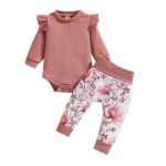 Blush Pink Ribbed Longsleeve Romper With Floral Pants 6-12M