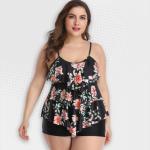 Women's Plus Size Black Tropical Frill Boyleg Bikini - 3XL