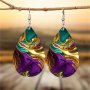 Droplet Shape Colorful Marble Pattern Dangle Earrings Hip Hop Punk Style PU Leather Jewelry Creative Holiday Earrings