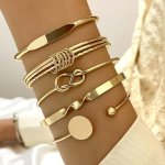 5PCS SET Bangle Minimalist Geometric Round Glossy Alloy Bangle Bracelet Retro Trendy Knotted Open Cuff Bangle Set For Women