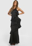 One Shoulder Ruffle Maxi Dress - Black