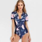 Women's Blue And Pink Short Sleeve Zip Swimwear - XL