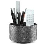 Lizimandu Round Leather Art Supply Organizer Remote Control Holder 360 Degree Spinning Multi-functional Pencil Holder 4 Compartm
