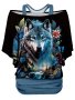 Wolf Print Cold Shoulder T-Shirt Casual Batwing Sleeve 2 In 1 Ruched Top For Spring & Summer Women's Clothing