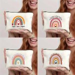 Teacher Appreciation Canvas Pouch "teach Love Inspire" Rainbow Design White Cosmetic Bag Portable Travel Organizer