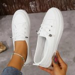 Women's White Flat Shoes Casual Round Toe Slip On Sneakers Lightweight Daily Wear Shoes