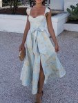 Floral Pattern Sweetheart Neck Dress Elegant Ruffle Trim Split Hem Belted Dress For Spring & Summer Women's Clothing