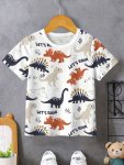 Casual Colorful Dinosaur Full Print T-Shirt - Vibrant Short Sleeve Tee For Summer Fun - Casual Style For Boys And Girls