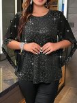 Plus Size Beaded Mesh Stitching Top Casual Crew Neck Irregular Sleeve Top For Spring & Summer Women's Plus Size Clothing
