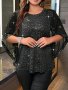 Plus Size Beaded Mesh Stitching Top Casual Crew Neck Irregular Sleeve Top For Spring & Summer Women's Plus Size Clothing