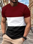 Men's Contrast Color Stripe Pattern Crew Neck And Short Sleeve T-Shirt Casual And Chic Tops For Summer Leisurewear