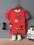 1PC 4PCS Boys Cartoon Car Print T-Shirt Stylish Summer Casual Short Sleeve Tee With Asymmetrical Design For Kids Tops Only