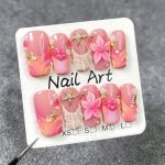 Handmade Press On Nails Square Pink Homemade Press On Nails French Tip With 3D Design Flower Fake Nail Art For Women S