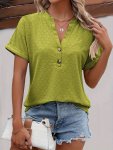 Eyelet Button Front V Neck T-Shirt Casual Short Sleeve Top For Spring & Summer Women's Clothing