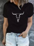 Bull Head Print T-Shirt Casual Crew Neck Short Sleeve Top Women's Clothing