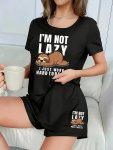 Women's 2-PIECE Pajama Set With Sloth Print Crew Neck T-Shirt And Shorts Casual Knit Fabric Polyester-elastane Blend Short Sleev