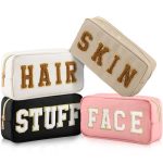 Cunno Preppy Makeup Bags Chenille Letter Stuff Bag Nylon Cosmetic Pouch Cases With Zipper For Women Travel Toiletry Cute Color C