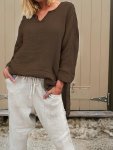 Plus Size Simple Solid Top Casual Notch Neck Long Sleeve Top Women's Plus Sizeclothing