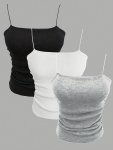 3 Pack Solid Ribbed Spaghetti Strap Cami Top Casual Sleeveless Ruched Side Scoop Neck Slim Top Women's Clothing
