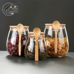1PC Transparent Glass Jar Mixed Grain Snack Storage Sealed Jar With Spoon And Lid Coffee Bean Sugar Tea Salt Candy Spice Storage