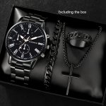 4-PIECE Men's Quartz Watch Set Fashionable Electronic Zinc Alloy Watches With Hip-hop Style Necklace & Ring - Ideal Gift For Bir