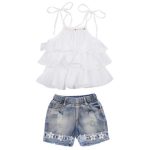 Denim Flower Shorts With White Ruffle Top 6-7Y