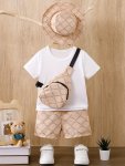 Toddlers Trendy 4PCS Outfit Solid Short Sleeve T-Shirt & Bear Pattern Shorts & Crossbody Bag & Hat Set Casual Summer Outdoor Clo