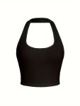 Women's Casual Halter Neck Sleeveless Sports Tank Top Summer Stretchable Short Vest Solid Color For Summer