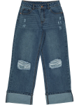 Wide Leg Distressed Denim Jeans - 7 8 Blue