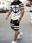 Anchor Print Men's Short Sleeve T-Shirt & Drawstring Shorts 2PCS Casual Sports Regular Tee Top Pants Suit Outfits For Spring Sum