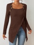 Button Decor Asymmetrical Hem T-Shirt Casual Ribbed Long Sleeve Top For Spring & Fall Women's Clothing