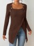 Button Decor Asymmetrical Hem T-Shirt Casual Ribbed Long Sleeve Top For Spring & Fall Women's Clothing