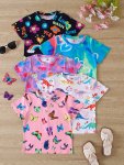 5PCS Knit Butterfly & Dinosaur & Flora & Heart Print Short Sleeve Crew Neck T-shirts Set For Girls Casual And Comfy Summer Tee T