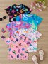 5PCS Knit Butterfly & Dinosaur & Flora & Heart Print Short Sleeve Crew Neck T-shirts Set For Girls Casual And Comfy Summer Tee Top Daily Wear