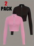 2-PACK Zipper Mock Crew Neck T-Shirt Casual Long Sleeve T-Shirt For Spring & Fall Women's Clothing