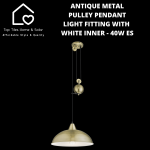 Antique Metal Pulley Pendant Light Fitting With White Inner - 40W Es