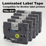 5PCS Brother P-touch TZE-231 Black On White Label Tape 0.47" X 26.2FT - Compatible With PT-D200 PT-1280 PT-1290 PT-E100B PT-E100