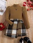 2PCS Girl's Elegant Outfit Turtleneck Top & Plaid Pattern Skirt Set Kid's Clothes For Spring Autumn Winter Gift For New Year