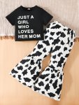 Girls 2PCS Sweet Letter Print Short Sleeve T-Shirt Top + Cow Print Flare Pants Set Spring Summer Fall Christmas Gift