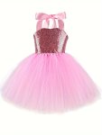 Girls Birthday Party Themed Dress Up Sequin Decor Crisscross Back Mesh Tutu Dress For Carnival & Halloween Party
