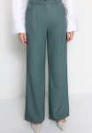 Wide Leg Pleated Woven Trousers - Dark Green