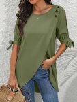 Button Front Split Sleeve Blouse Elegant Solid Asymmetrical Hem Blouse For Spring & Summer Women's Clothing