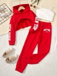 3PCS Girl's Trendy Outfit Crop Hoodie & Cami Top & Sweatpants Set New York Print Casual Long Sleeve Top Kid's Clothes For Spring