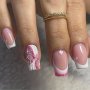 24pcs Glossy Butterfly French Tip Press On Nails With Pink Glitter Design - Short Length Square Shape Fake Nails For Women And Girls